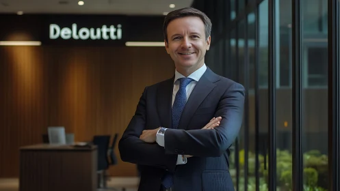 Corporate executive portrait in glass-fronted office atrium.