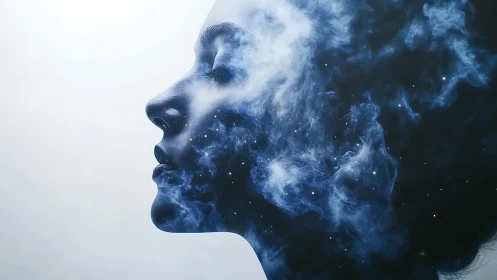 Stellar profile blends human silhouette with swirling nebulae