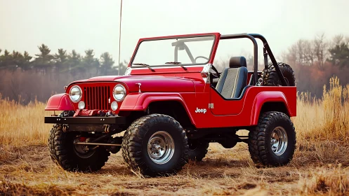 Lifted red Jeep CJ off-road build with oversized mud-terrain tires