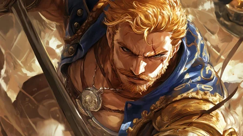 Dynamic fantasy swordsman in high-detail digital painting.