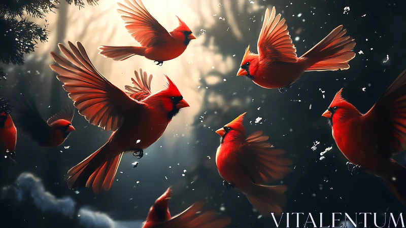 Vibrant Red Cardinals in Flight Amid Winter Forest Light.