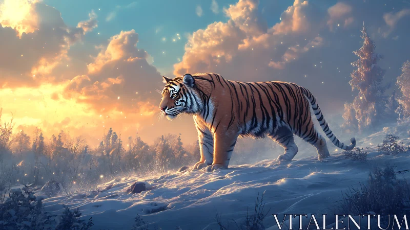 Snowlit tiger strolling under ember-cloud winter sunrise.
