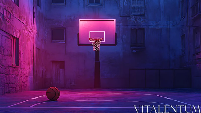Neon court holds solitary basketball under moody night glow.
