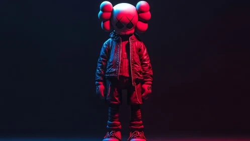 Streetwear vinyl figure under neon red and blue light.