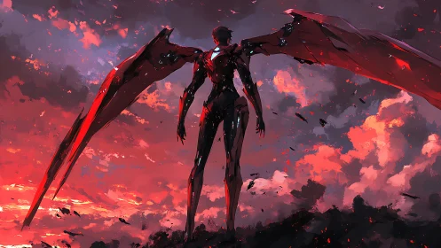 Winged mech silhouette dominates red stormy sky scene.