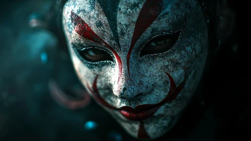 Close portrait shows weathered clown mask with sharp makeup