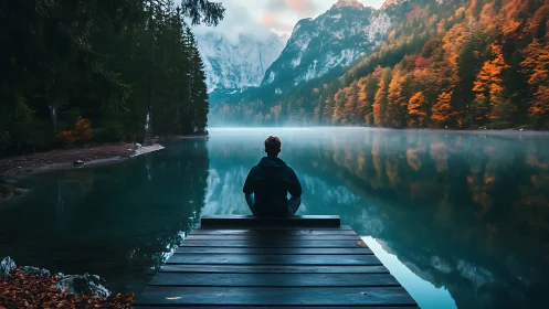 Solitary figure on lakeside jetty facing misty alpine reflection