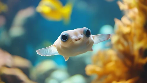 Small pale fish swims in shallow depth-of-field aquarium scene