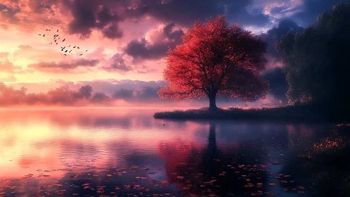 Crimson lakeside tree under glowing cinematic sunset sky.