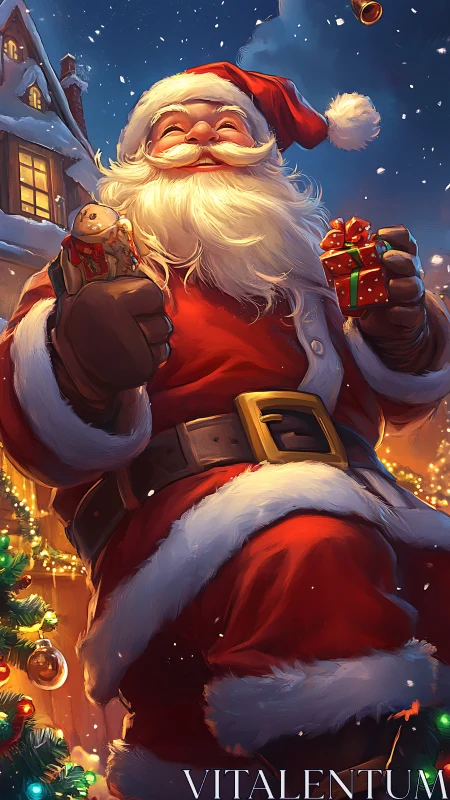 Warm-lit digital Santa portrait with gifts, snow and bokeh highlights