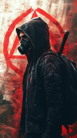 Hooded rebel in gas mask walks past defiant red symbol