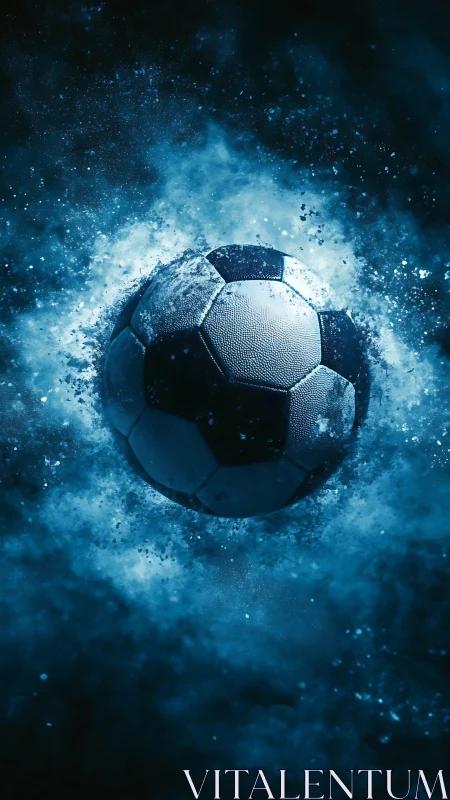 Soccer ball is suspended in blue particulate cloud field