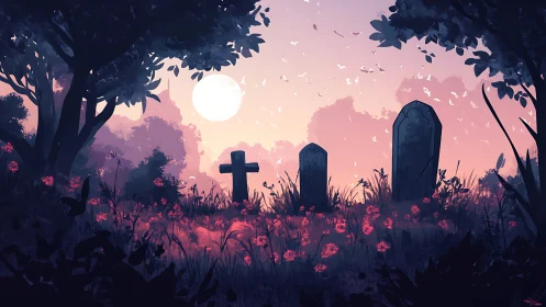 Digital painting of twilight graveyard with floral foreground.