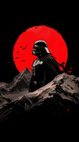 Armored dark figure before red moon over sharp mountains.