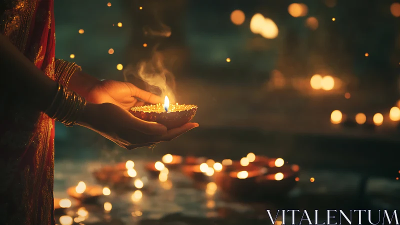 Side-lit hands cradle clay oil lamp amid shallow-depth bokeh field