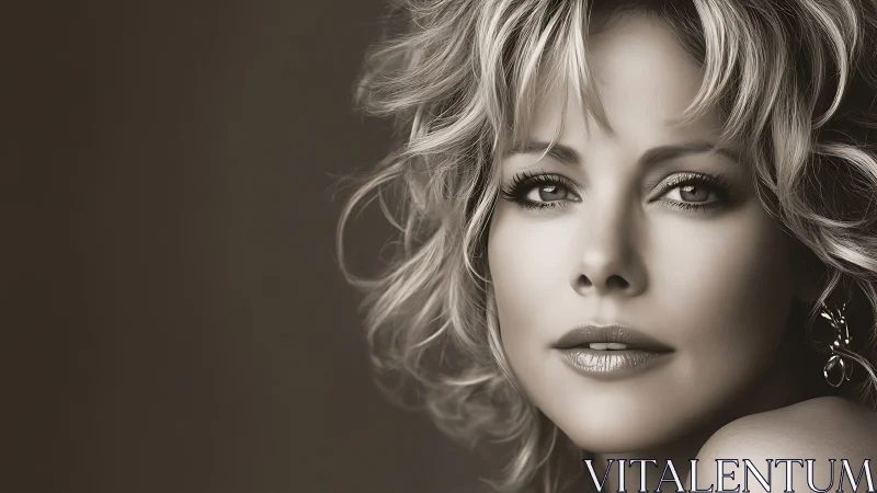 Sepia portrait of woman with tousled curls and soft light.