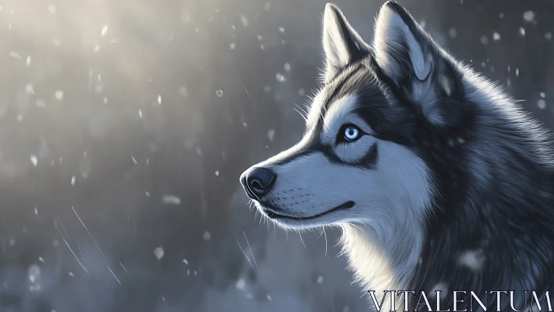 Husky profile digital painting under soft falling snow.
