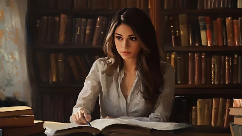 Young woman studying in cozy library, digital painting style.