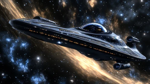 3D starcruiser render with streamlined hull in deep space.