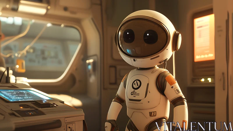 Friendly service robot in softly lit futuristic spacecraft cabin.