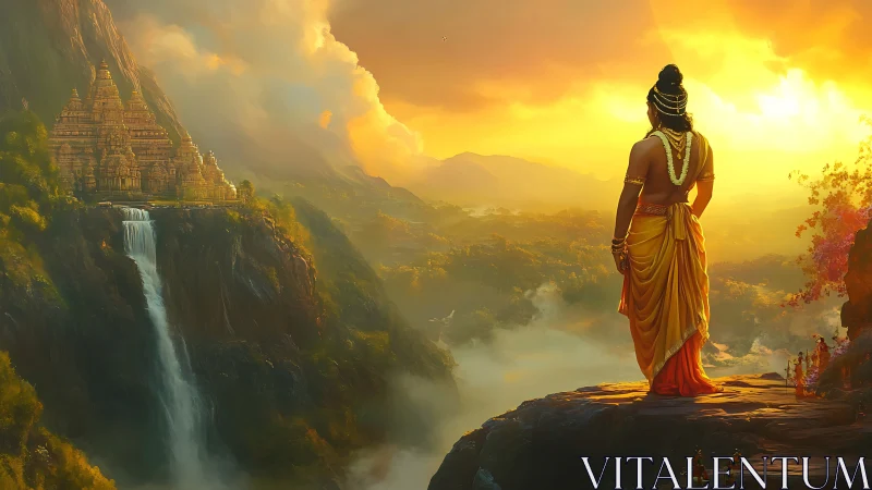 Mythic sunrise survey over terraced temples and cataract gorge.