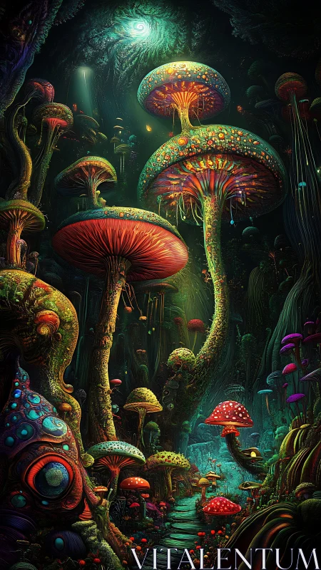 Bioluminescent mushroom forest unfolds under swirling astral vortex