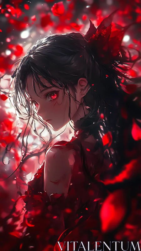 Girl with red eyes stands amid swirling rose petals