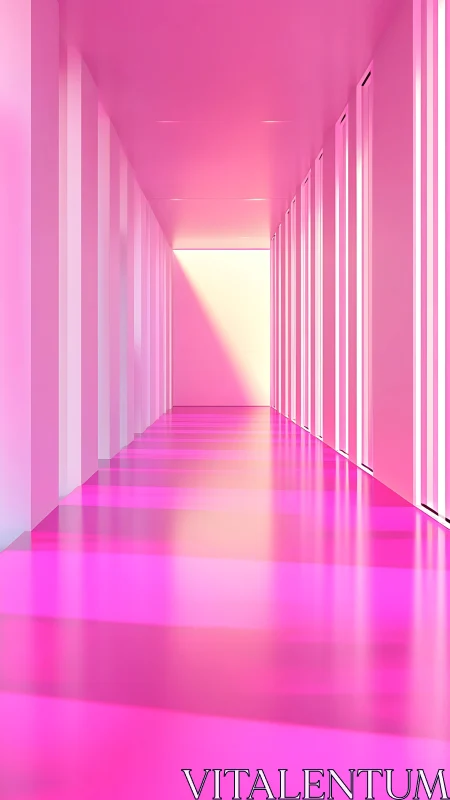 Minimalist pink corridor with luminous linear light columns.