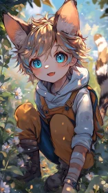 Bright-eyed catboy child in forest glade, warm daylight portrait