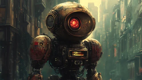 Weathered monocular robot patrols dense cyberpunk alleyway alone