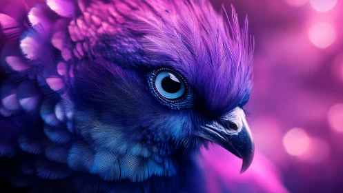 Vibrant Close-Up of Exotic Bird in Neon Purple and Pink Lighting.