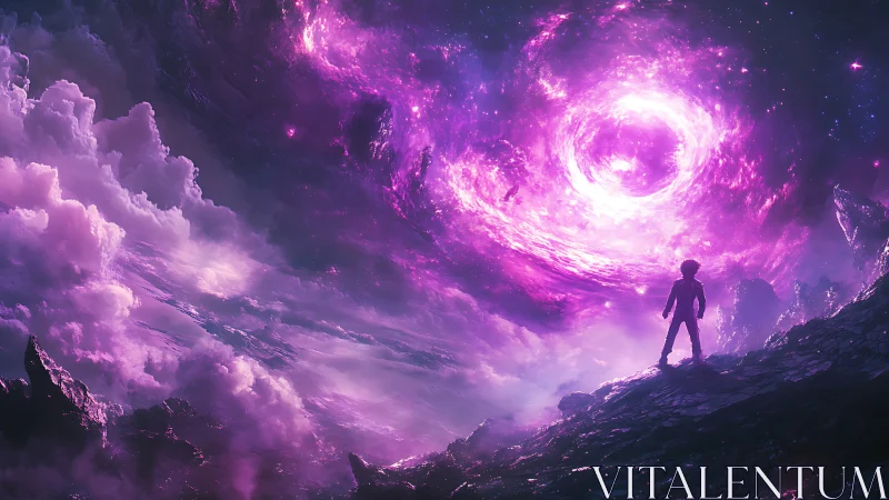 Stargazing wanderer weighs destiny beneath a violet vortex sky