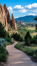Photorealistic trail beneath sandstone spires and blue sky.