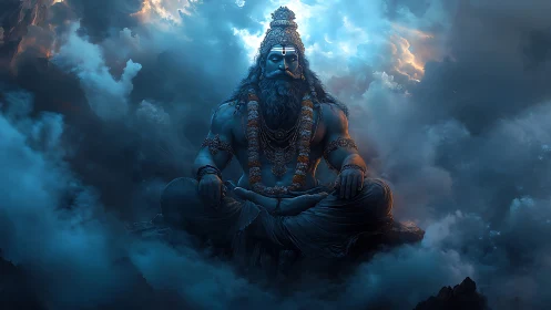 Divine blue deity meditates in dramatic celestial clouds.