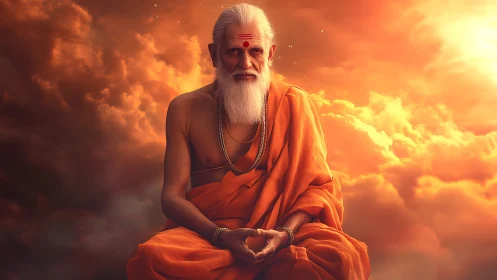 Elderly monk sits cross-legged before illuminated cloudscape