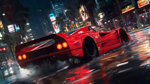 Red sports car moves through wet neon city street at night