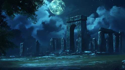 Moonlit stone circle beneath luminous clouds at night.