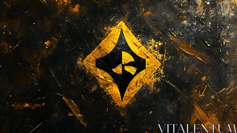 Geometric emblem on textured black and orange abstract field.