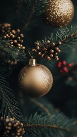 Gold Christmas bauble on pine tree with cones and berries.