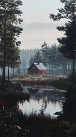 Red forest cabin reflected in calm lake at quiet sunrise.