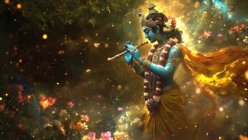Divine blue musician plays a golden flute in glowing garden