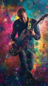 Digital painting of guitarist in prismatic kinetic stage aura.