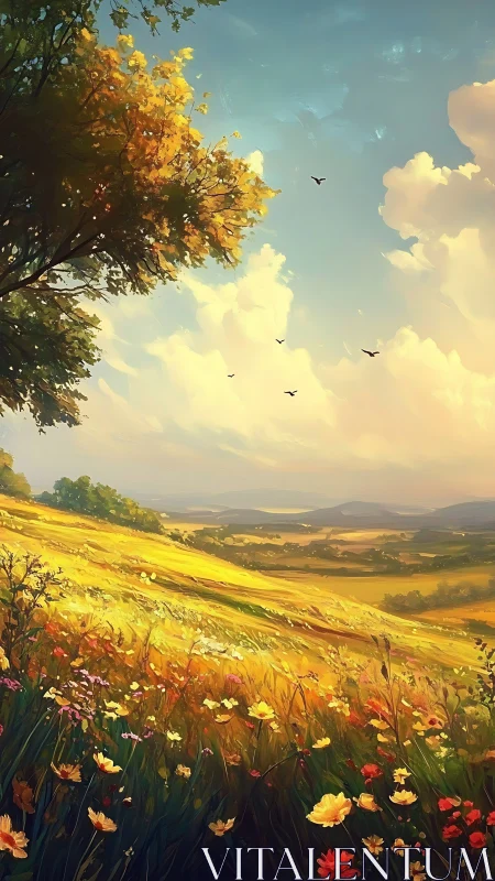 Digital painting of sunlit wildflower meadow and rolling valley.
