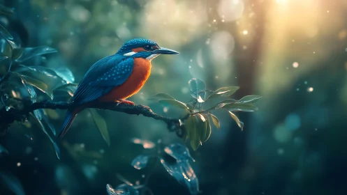 Vibrant Kingfisher on Branch in Dreamy Sunlit Forest Scene.