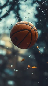 Basketball soaring through rain in a calm city moment.
