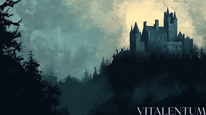Hilltop castle silhouette above dense conifer forest at dusk.