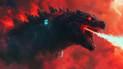 Titan kaiju unleashes neon fire amid burning crimson sky.