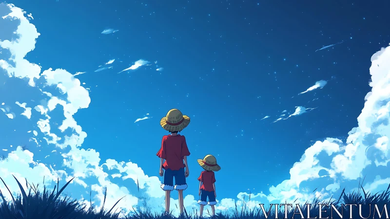 Two straw hat kids under expansive blue sky at dusk.