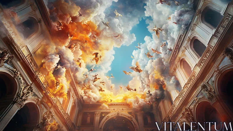 Classical courtyard beneath ascending clouds and figures.