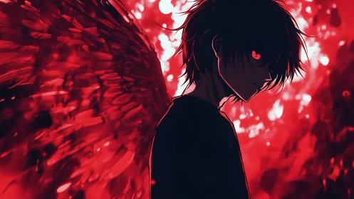 Dark winged anime figure glows in intense crimson light.